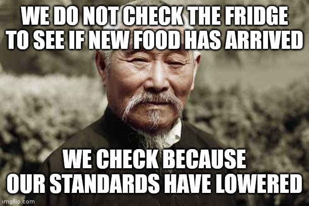 Wise man | WE DO NOT CHECK THE FRIDGE TO SEE IF NEW FOOD HAS ARRIVED; WE CHECK BECAUSE OUR STANDARDS HAVE LOWERED | image tagged in wise man | made w/ Imgflip meme maker