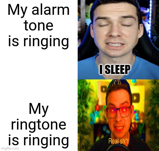 Alarm vs Ringtone | My alarm tone is ringing; My ringtone is ringing | image tagged in mandjtv version of i sleep and real shi meme | made w/ Imgflip meme maker