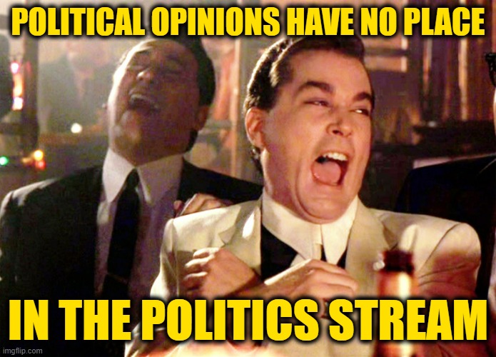 Good Fellas Hilarious Meme | POLITICAL OPINIONS HAVE NO PLACE IN THE POLITICS STREAM | image tagged in memes,good fellas hilarious | made w/ Imgflip meme maker