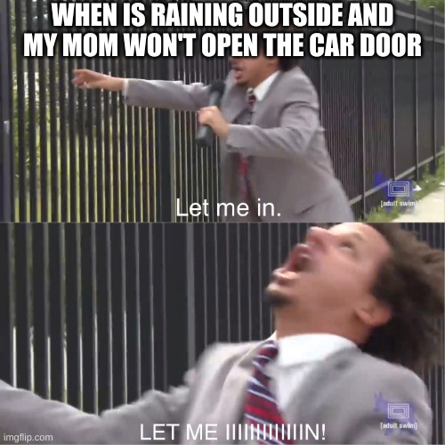 ANybody else have this problem | WHEN IS RAINING OUTSIDE AND MY MOM WON'T OPEN THE CAR DOOR | image tagged in let me in,rain,car,funny,mom,storm | made w/ Imgflip meme maker