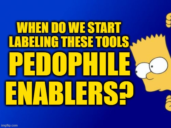 Bart Simpson Peeking Meme | WHEN DO WE START LABELING THESE TOOLS PEDOPHILE ENABLERS? | image tagged in memes,bart simpson peeking | made w/ Imgflip meme maker