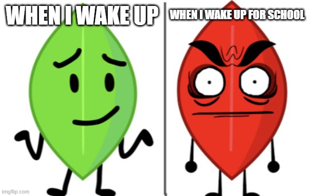 Leafy vs Evil Leafy | WHEN I WAKE UP FOR SCHOOL; WHEN I WAKE UP | image tagged in leafy vs evil leafy | made w/ Imgflip meme maker