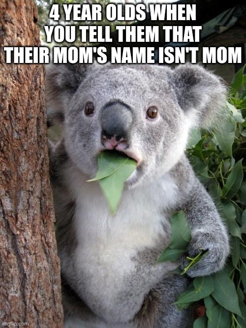 Surprised Koala |  4 YEAR OLDS WHEN YOU TELL THEM THAT THEIR MOM'S NAME ISN'T MOM | image tagged in memes,surprised koala | made w/ Imgflip meme maker