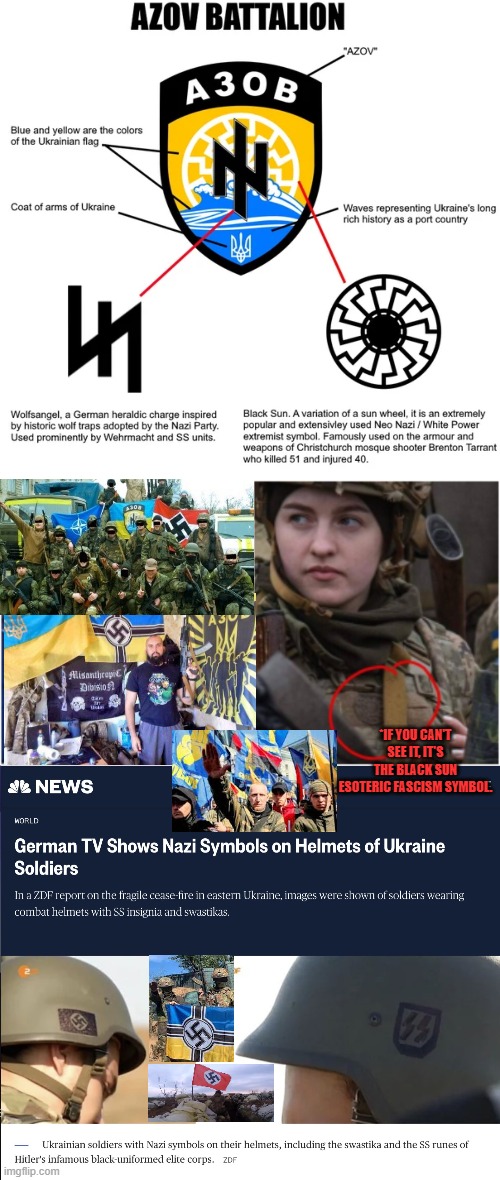 Azov now it's willful ignorance, falling into this trap again as a collective hive mind for population reducing nuclear ww3. | *IF YOU CAN'T SEE IT, IT'S THE BLACK SUN ESOTERIC FASCISM SYMBOL. | image tagged in russia,ukraine,nazis,nazis everywhere | made w/ Imgflip meme maker