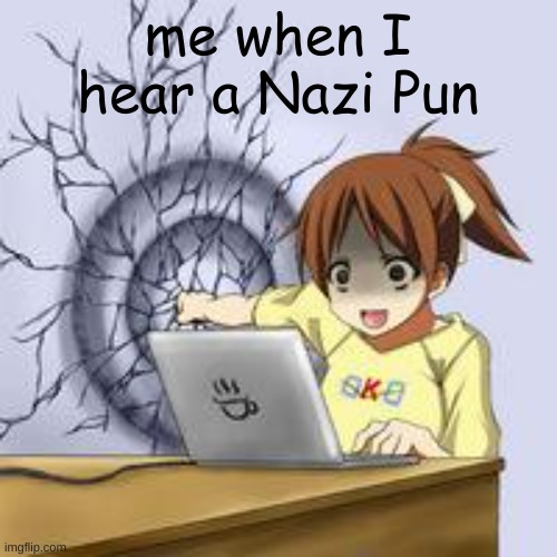 Anime wall punch | me when I hear a Nazi Pun | image tagged in anime wall punch | made w/ Imgflip meme maker