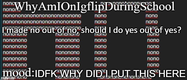 e | I made no out of no, should I do yes out of yes? IDFK WHY DID I PUT THIS HERE | image tagged in whyamionimgflipduringschool | made w/ Imgflip meme maker