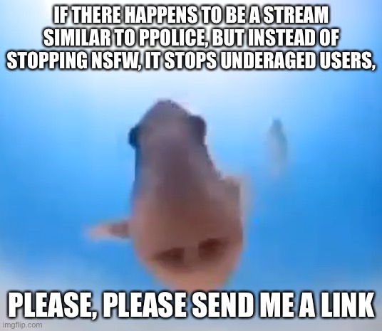 Fish | IF THERE HAPPENS TO BE A STREAM SIMILAR TO PPOLICE, BUT INSTEAD OF STOPPING NSFW, IT STOPS UNDERAGED USERS, PLEASE, PLEASE SEND ME A LINK | image tagged in fish | made w/ Imgflip meme maker