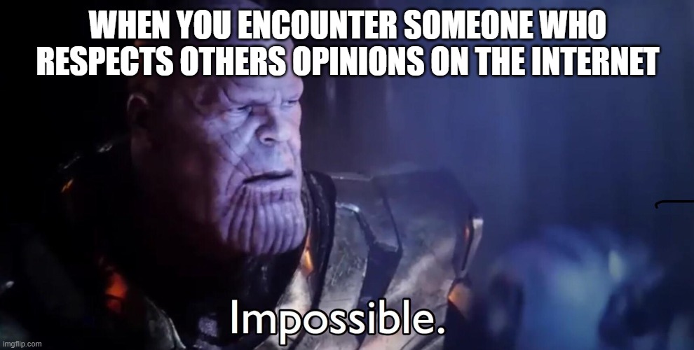 Thanos Impossible | WHEN YOU ENCOUNTER SOMEONE WHO RESPECTS OTHERS OPINIONS ON THE INTERNET | image tagged in thanos impossible | made w/ Imgflip meme maker