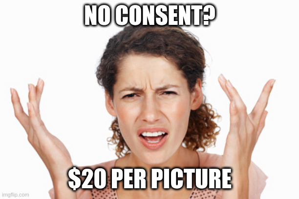 this is women's rights now | NO CONSENT? $20 PER PICTURE | image tagged in indignant | made w/ Imgflip meme maker