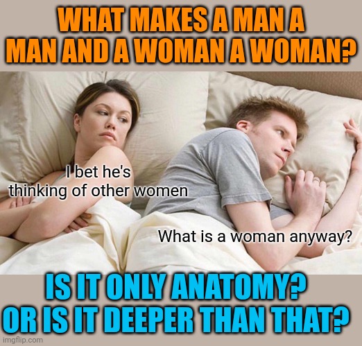 Maybe a better question would be What is masculinity and what is femininity? |  WHAT MAKES A MAN A MAN AND A WOMAN A WOMAN? I bet he's thinking of other women; What is a woman anyway? IS IT ONLY ANATOMY? OR IS IT DEEPER THAN THAT? | image tagged in memes,i bet he's thinking about other women | made w/ Imgflip meme maker