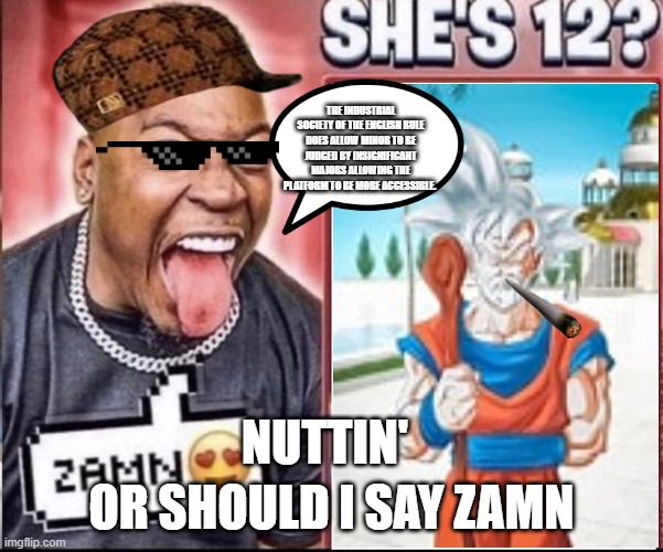 Gall DANG | THE INDUSTRIAL SOCIETY OF THE ENGLISH RULE DOES ALL0W MINOR TO BE JUDGED BY INSIGNIFICANT MAJORS ALLOWING THE PLATFORM TO BE MORE ACCESSIBLE. OR SHOULD I SAY ZAMN; NUTTIN' | image tagged in zamn,goku | made w/ Imgflip meme maker