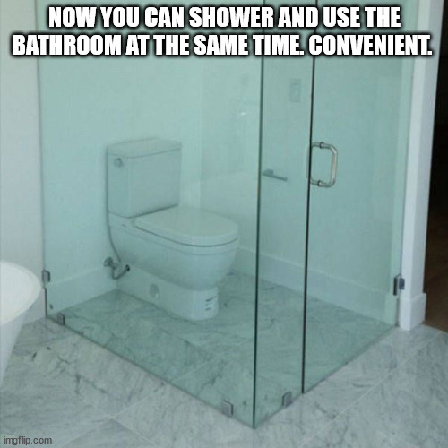 NOW YOU CAN SHOWER AND USE THE BATHROOM AT THE SAME TIME. CONVENIENT. | made w/ Imgflip meme maker