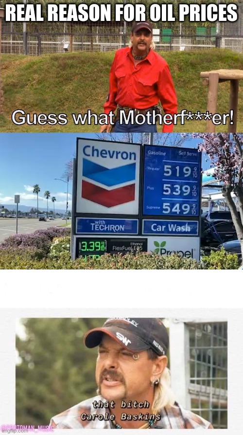 California gas prices | REAL REASON FOR OIL PRICES | image tagged in joe exotic guess what motherf er,gas prices,that bitch carol baskins | made w/ Imgflip meme maker