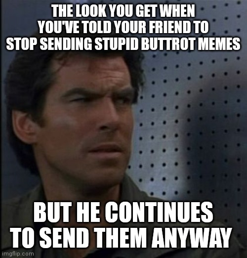 Bothered Bond |  THE LOOK YOU GET WHEN YOU'VE TOLD YOUR FRIEND TO STOP SENDING STUPID BUTTROT MEMES; BUT HE CONTINUES TO SEND THEM ANYWAY | image tagged in memes,bothered bond | made w/ Imgflip meme maker