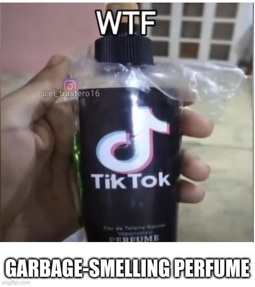 I love the smell of garbage in the morning | GARBAGE-SMELLING PERFUME | image tagged in blank white template,tiktok sucks | made w/ Imgflip meme maker