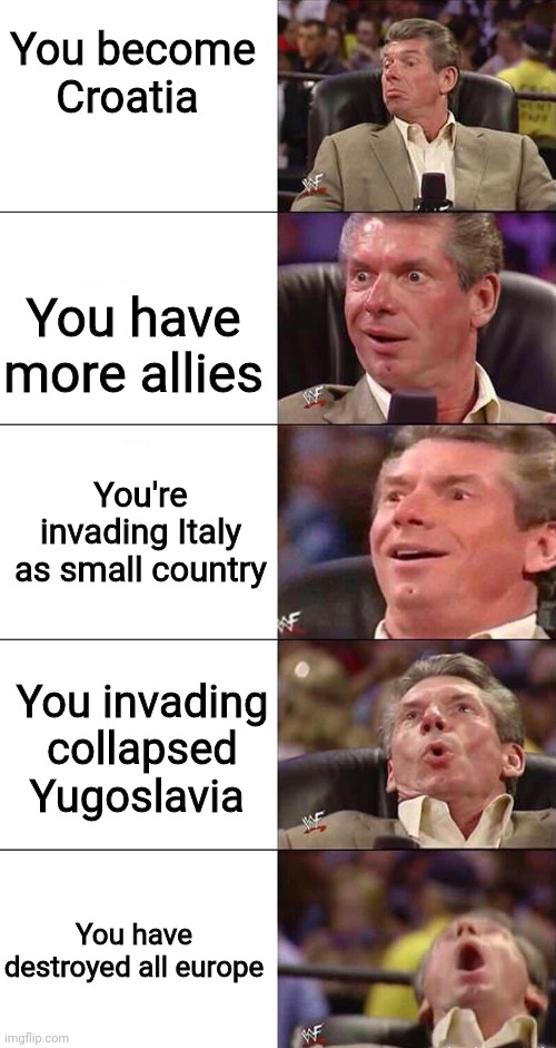 Roblox World Conquest Lite Meme | You become Croatia; You have more allies; You're invading Italy as small country; You invading collapsed Yugoslavia; You have destroyed all europe | image tagged in happy happier happiest overly happy pog | made w/ Imgflip meme maker