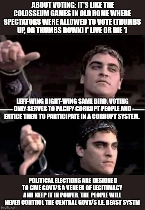 The hallmark of democracy is They select not elect! | ABOUT VOTING: IT'S LIKE THE COLOSSEUM GAMES IN OLD ROME WHERE SPECTATORS WERE ALLOWED TO VOTE (THUMBS UP, OR THUMBS DOWN) [' LIVE OR DIE ']; LEFT-WING RIGHT-WING SAME BIRD. VOTING ONLY SERVES TO PACIFY CORRUPT PEOPLE AND ENTICE THEM TO PARTICIPATE IN A CORRUPT SYSTEM. POLITICAL ELECTIONS ARE DESIGNED TO GIVE GOVT/S A VENEER OF LEGITIMACY AND KEEP IT IN POWER. THE PEOPLE WILL NEVER CONTROL THE CENTRAL GOVT/S I.E. BEAST SYSTM | image tagged in identity politics,voting,democrats,republicans,nwo | made w/ Imgflip meme maker