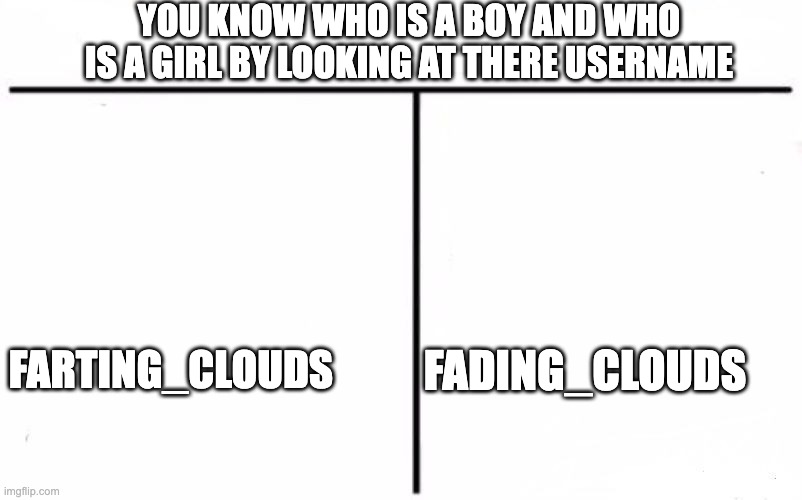 ah yes boys be like | YOU KNOW WHO IS A BOY AND WHO IS A GIRL BY LOOKING AT THERE USERNAME; FADING_CLOUDS; FARTING_CLOUDS | image tagged in who would win blank,boys vs girls,usernames | made w/ Imgflip meme maker