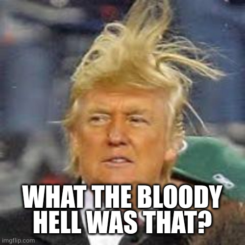 Trump Hair Wind | WHAT THE BLOODY HELL WAS THAT? | image tagged in trump hair wind | made w/ Imgflip meme maker