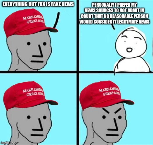 Potato potatoe | EVERYTHING BUT FOX IS FAKE NEWS; PERSONALLY I PREFER MY NEWS SOURCES TO NOT ADMIT IN COURT THAT NO REASONABLE PERSON WOULD CONSIDER IT LEGITIMATE NEWS | image tagged in maga npc | made w/ Imgflip meme maker