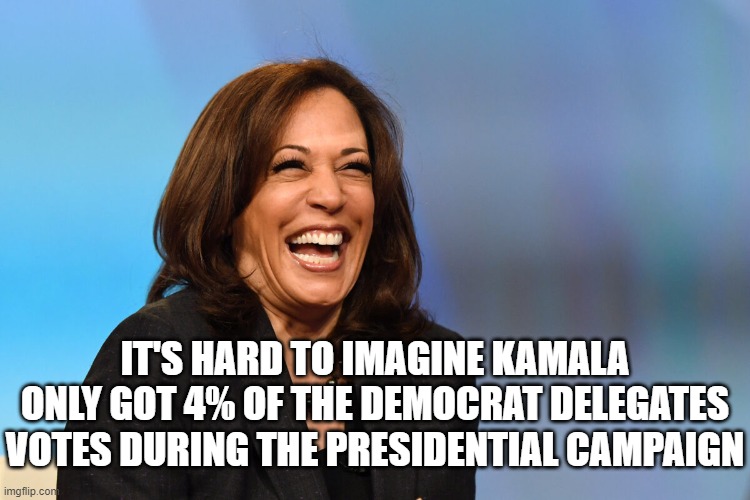 Kamala Harris laughing | IT'S HARD TO IMAGINE KAMALA ONLY GOT 4% OF THE DEMOCRAT DELEGATES VOTES DURING THE PRESIDENTIAL CAMPAIGN | image tagged in kamala harris laughing | made w/ Imgflip meme maker