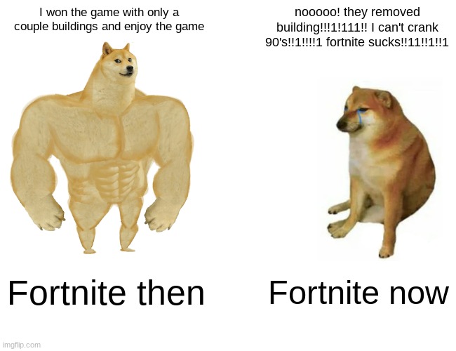 Buff Doge vs. Cheems Meme | I won the game with only a couple buildings and enjoy the game; nooooo! they removed building!!!1!111!! I can't crank 90's!!1!!!!1 fortnite sucks!!11!!1!!1; Fortnite then; Fortnite now | image tagged in memes,buff doge vs cheems,video games,games,fortnite meme,fortnite | made w/ Imgflip meme maker
