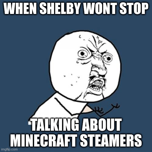 Y U No | WHEN SHELBY WONT STOP; TALKING ABOUT MINECRAFT STEAMERS | image tagged in memes,y u no | made w/ Imgflip meme maker