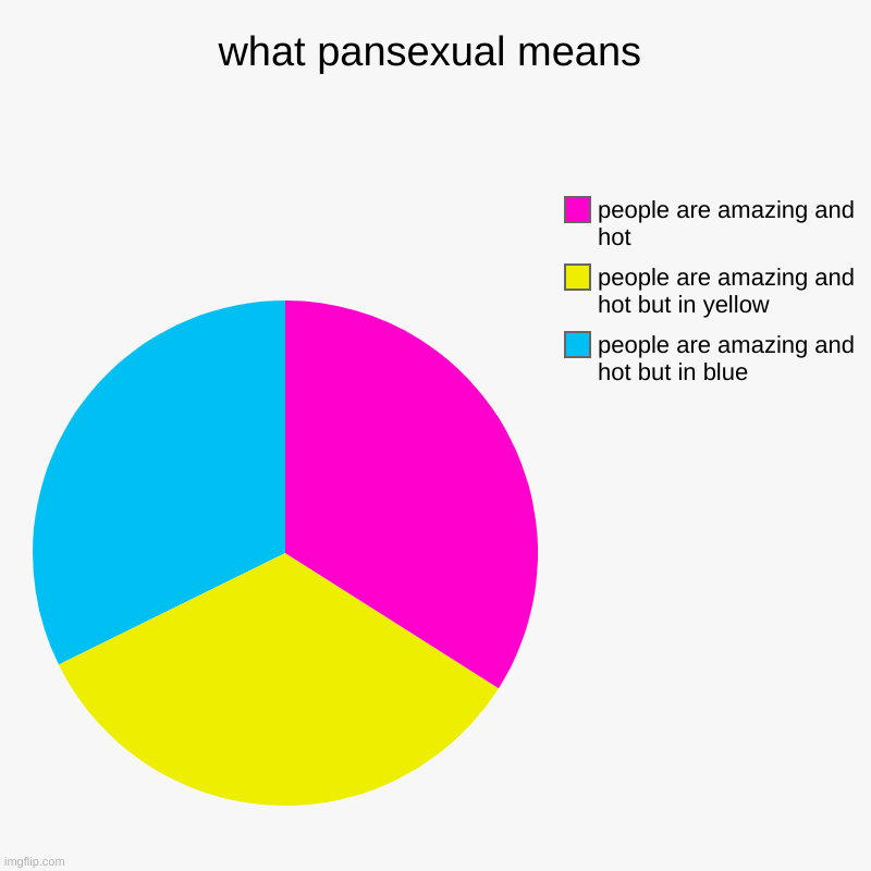 what pansexual means | people are amazing and hot but in blue, people are amazing and hot but in yellow, people are amazing and hot | image tagged in charts,pie charts | made w/ Imgflip chart maker