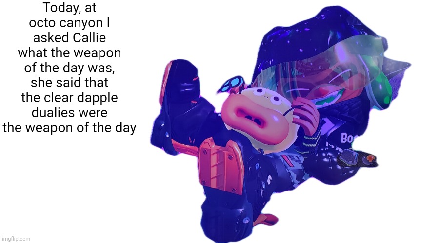 This could technically be used as an announcement template | Today, at octo canyon I asked Callie what the weapon of the day was, she said that the clear dapple dualies were the weapon of the day | image tagged in inkmatas | made w/ Imgflip meme maker