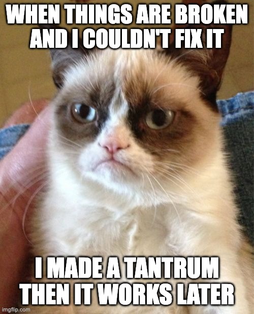 I just fixed it |  WHEN THINGS ARE BROKEN AND I COULDN'T FIX IT; I MADE A TANTRUM THEN IT WORKS LATER | image tagged in memes,grumpy cat,fixed | made w/ Imgflip meme maker