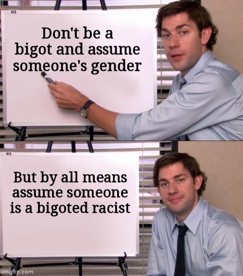 The complexities of being a liberal | Don't be a bigot and assume someone's gender; But by all means
assume someone
is a bigoted racist | image tagged in jim halpert explains,democrats,liberals,gender | made w/ Imgflip meme maker