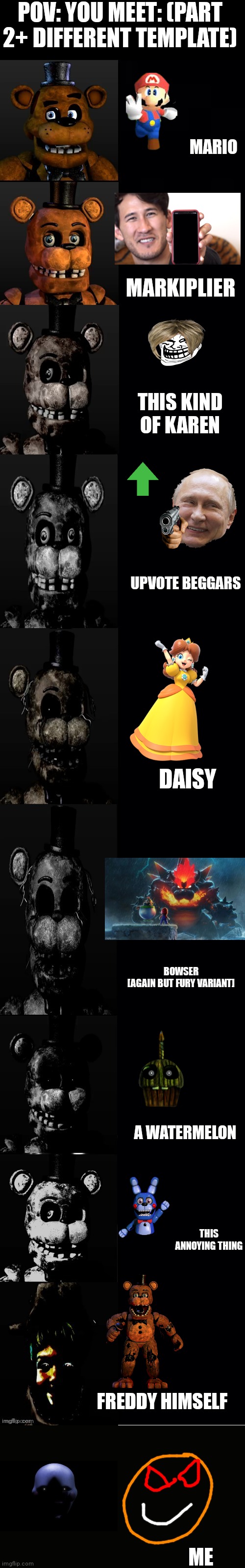 Pov you meet PART 2 | POV: YOU MEET: (PART 2+ DIFFERENT TEMPLATE); MARIO; MARKIPLIER; THIS KIND OF KAREN; UPVOTE BEGGARS; DAISY; BOWSER
[AGAIN BUT FURY VARIANT]; A WATERMELON; THIS ANNOYING THING; FREDDY HIMSELF; ME | image tagged in freddy fazbear becoming uncanny meme,part 2,pov you meet | made w/ Imgflip meme maker