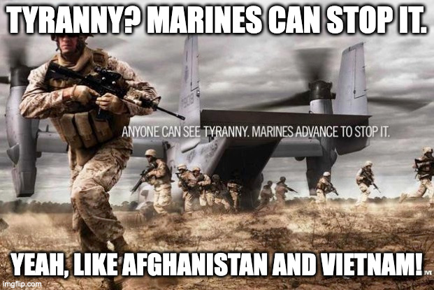 Marines | TYRANNY? MARINES CAN STOP IT. YEAH, LIKE AFGHANISTAN AND VIETNAM! | image tagged in work | made w/ Imgflip meme maker