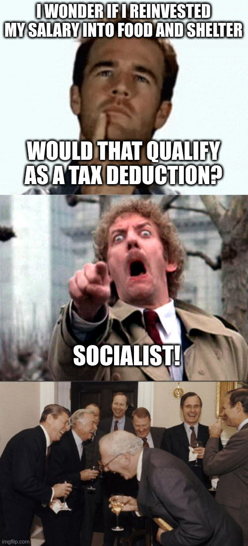 I WONDER IF I REINVESTED MY SALARY INTO FOOD AND SHELTER WOULD THAT QUALIFY AS A TAX DEDUCTION? SOCIALIST! | image tagged in interesting,screaming donald sutherland,memes,laughing men in suits | made w/ Imgflip meme maker