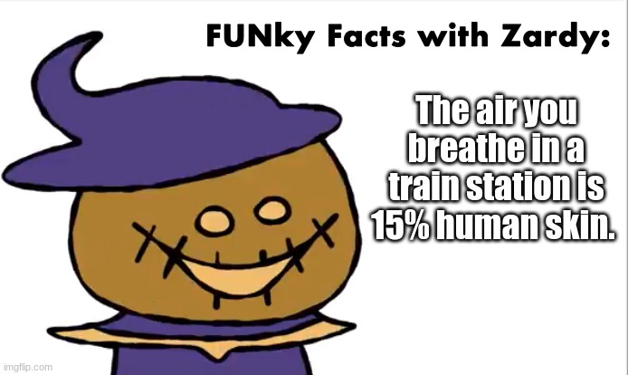 FUNky Facts with Zardy | The air you breathe in a train station is 15% human skin. | image tagged in funky facts with zardy | made w/ Imgflip meme maker