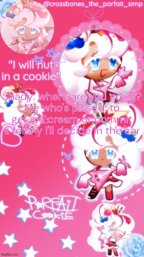 Parfait cookie temp ty sayore | Shady: where are you going?
Me who's pissed: to get ice cream or commit a felony I'll decide in the car | image tagged in parfait cookie temp ty sayore | made w/ Imgflip meme maker