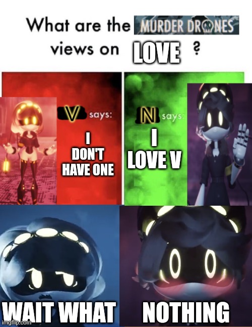 What is their view on love (Pls don't hate me for this) | LOVE; I LOVE V; I DON'T HAVE ONE; WAIT WHAT; NOTHING | image tagged in murder drones' views,murder drones,love | made w/ Imgflip meme maker