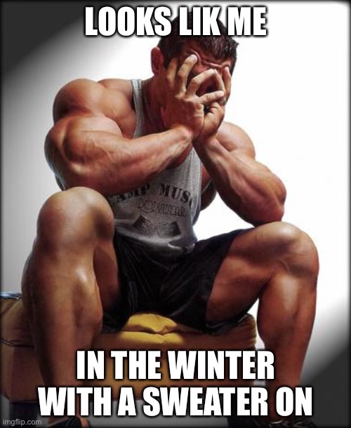 Depressed Bodybuilder | LOOKS LIK ME IN THE WINTER WITH A SWEATER ON | image tagged in depressed bodybuilder | made w/ Imgflip meme maker