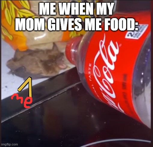 LOL | ME WHEN MY MOM GIVES ME FOOD: | image tagged in bats,coca cola,memes | made w/ Imgflip meme maker