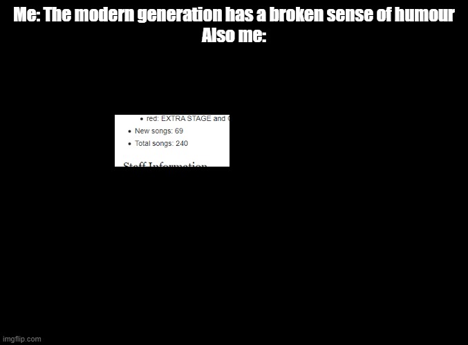 69 new songs... if only the 2 and 4 were swapped in the total | Me: The modern generation has a broken sense of humour
Also me: | image tagged in blank black,me also me,broken humour | made w/ Imgflip meme maker