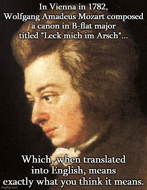You Might Think That Mozart Was A Prude. But You Would Be Wrong. | In Vienna in 1782,
Wolfgang Amadeus Mozart composed
a canon in B-flat major
titled "Leck mich im Arsch"... Which, when translated into English, means exactly what you think it means. | image tagged in mozart sad,mozart,art,proper lady,stay classy,ah i see you are a man of culture as well | made w/ Imgflip meme maker
