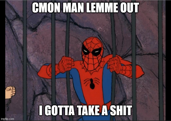 spidey gotta crap | CMON MAN LEMME OUT; I GOTTA TAKE A SHIT | image tagged in spiderman | made w/ Imgflip meme maker