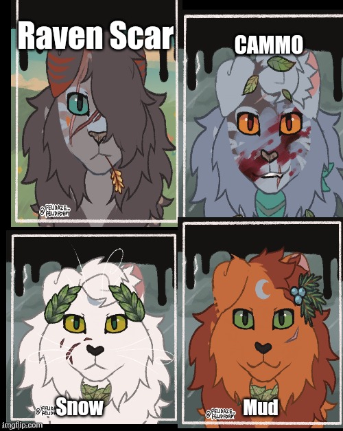 All of my Warrior Cats creations. | Raven Scar; CAMMO; Snow; Mud | made w/ Imgflip meme maker