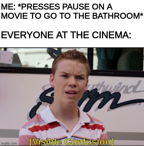 HOW? | ME: *PRESSES PAUSE ON A MOVIE TO GO TO THE BATHROOM*; EVERYONE AT THE CINEMA:; [Visible Confusion] | image tagged in memes,meme,you guys are getting paid,how | made w/ Imgflip meme maker