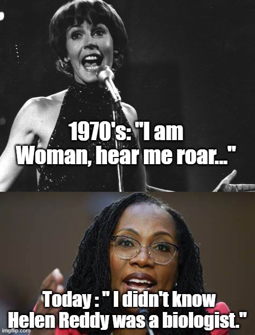 Another  Jackson "what is a woman?"  meme | 1970's: "I am Woman, hear me roar..."; Today : " I didn't know Helen Reddy was a biologist." | image tagged in scotus | made w/ Imgflip meme maker