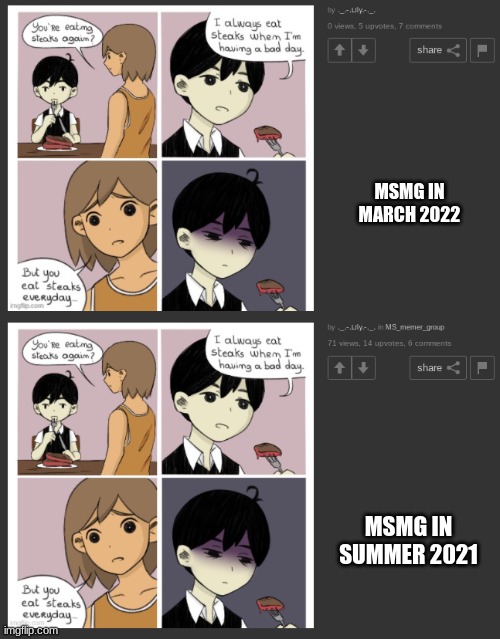 shows how much this stream had died | MSMG IN MARCH 2022; MSMG IN SUMMER 2021 | made w/ Imgflip meme maker