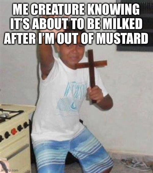 My creature | ME CREATURE KNOWING IT’S ABOUT TO BE MILKED AFTER I’M OUT OF MUSTARD | image tagged in scared kid | made w/ Imgflip meme maker
