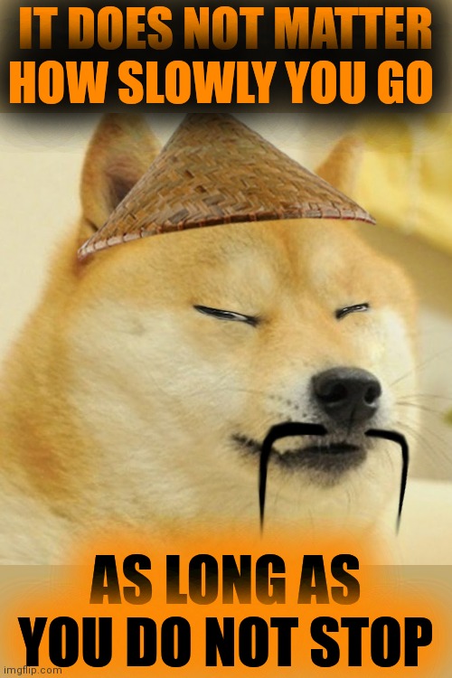 Barkfucius asian Doge Barkfucious | IT DOES NOT MATTER HOW SLOWLY YOU GO AS LONG AS YOU DO NOT STOP | image tagged in barkfucius asian doge barkfucious | made w/ Imgflip meme maker