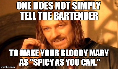 One Does Not Simply Meme | ONE DOES NOT SIMPLY TELL THE BARTENDER TO MAKE YOUR BLOODY MARY AS "SPICY AS YOU CAN." | image tagged in memes,one does not simply | made w/ Imgflip meme maker