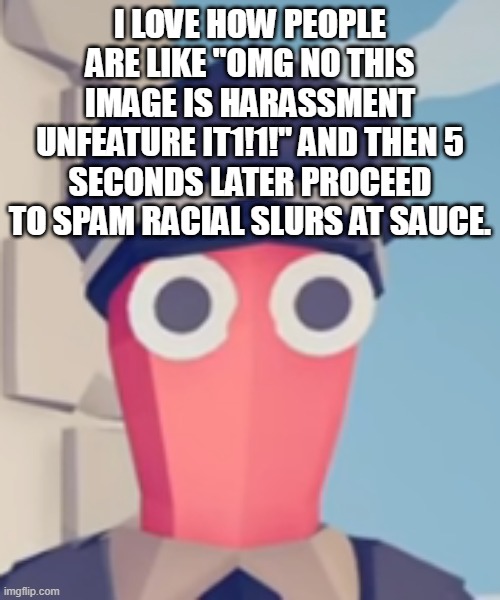 TABS Stare | I LOVE HOW PEOPLE ARE LIKE "OMG NO THIS IMAGE IS HARASSMENT UNFEATURE IT1!1!" AND THEN 5 SECONDS LATER PROCEED TO SPAM RACIAL SLURS AT SAUCE. | image tagged in tabs stare | made w/ Imgflip meme maker